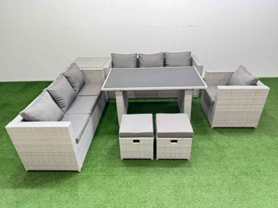 Fimous Patio Garden Furniture Sets With Black Glass Top Dining Table 3 Seater Sofa Armchair Side Table 2 Small Stool Light Grey - image 1