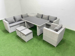 Fimous Patio Garden Furniture Sets With Black Glass Top Dining Table 3 Seater Sofa Armchair Side Table 2 Small Stool Light Grey - thumbnail 2