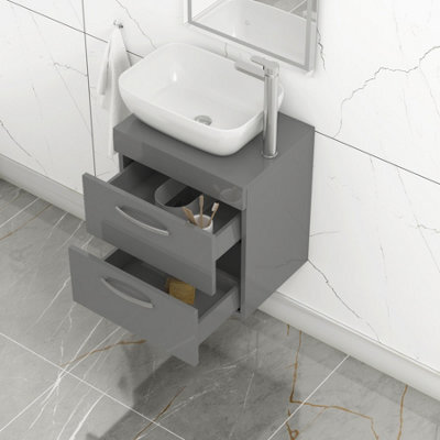 Royal Bathrooms 500mm Wall Hung Vanity Unit 2 Drawer Indigo Grey Gloss & Elva Countertop Basin - image 1