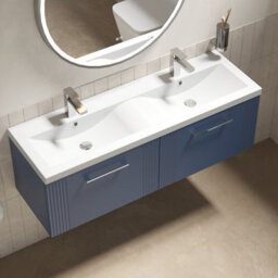 Balterley Belvide Partial Fluted 2 Drawer Wall Hung Vanity Unit With Double Ceramic Basin - 1200mm - Satin Blue - thumbnail 5