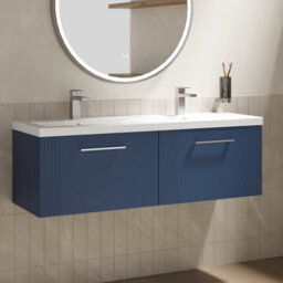 Balterley Belvide Partial Fluted 2 Drawer Wall Hung Vanity Unit With Double Ceramic Basin - 1200mm - Satin Blue - thumbnail 6