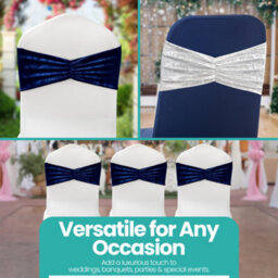 Neel Blue Pack Of 10 Velvet Chair Band Glitz Shiny Fabric Strechy Chair Band Sash, Navy - thumbnail 8