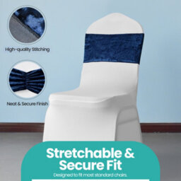 Neel Blue Pack Of 10 Velvet Chair Band Glitz Shiny Fabric Strechy Chair Band Sash, Navy - thumbnail 4