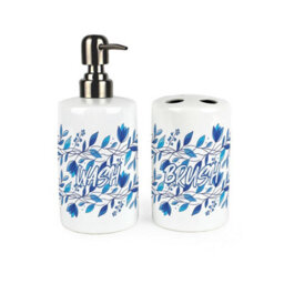 Purely Home Blue Petals Bathroom Set - Refillable Ceramic Soap Dispenser & Toothbrush Holder