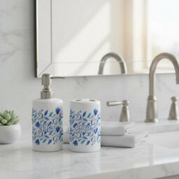 Purely Home Blue Petals Bathroom Set - Refillable Ceramic Soap Dispenser & Toothbrush Holder - thumbnail 2