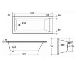 Royal Bathrooms Cesar 1400 X 700mm Acrylic Square Edged Single Ended White Straight Bath With Square Chrome Wall Profile Screen - thumbnail 7