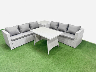 Fimous Rattan Garden Furniture Dining Set 6-Seater Patio Rectangular Table 3 Seater Sofa Set With Side Table Light Grey - image 1