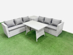 Fimous Rattan Garden Furniture Dining Set 6-Seater Patio Rectangular Table 3 Seater Sofa Set With Side Table Light Grey