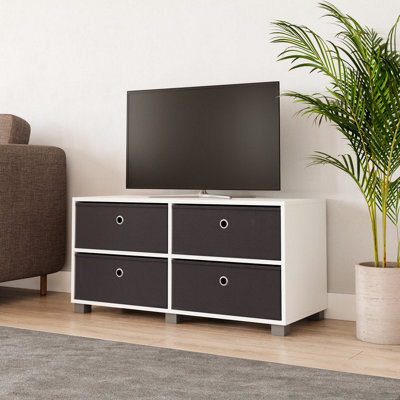 Urbn-Living Urbnliving 47Cm Height White Wooden Tv Unit Stand Media Cabinet 4 Black Fabric Storage Drawers - image 1