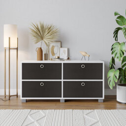 Urbn-Living Urbnliving 47Cm Height White Wooden Tv Unit Stand Media Cabinet 4 Black Fabric  Storage Drawers - thumbnail 2