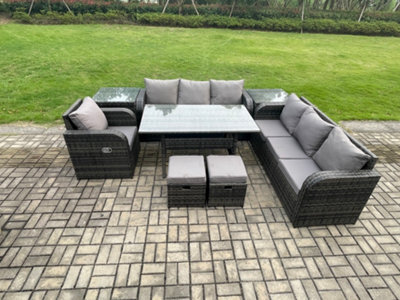 Fimous Outdoor Rattan Garden Furniture Set Oblong Dining Table And Chairs Set With 3 Seater Sofa Small Footstools Side Tables - image 1
