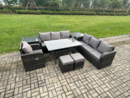 Fimous Outdoor Rattan Garden Furniture Set Oblong Dining Table And Chairs Set With 3 Seater Sofa Small Footstools Side Tables - thumbnail 2