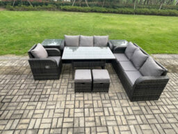 Fimous Outdoor Rattan Garden Furniture Set Oblong Dining Table And Chairs Set With 3 Seater Sofa Small Footstools Side Tables - thumbnail 1