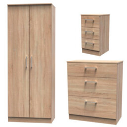 Devon 3 Piece Bedroom Set (Wardrobe, Chest & Bedside) In Bardolino Oak - Ready Assembled - thumbnail 1