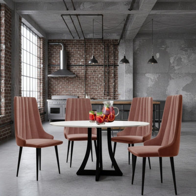 Dining Table Set 4 Chairs 100Cm Fixed Top Wooden Legs White Black Pink - image 1