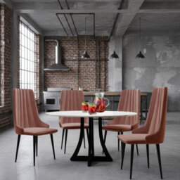 Dining Table Set 4 Chairs 100Cm Fixed Top Wooden Legs White Black Pink - thumbnail 1