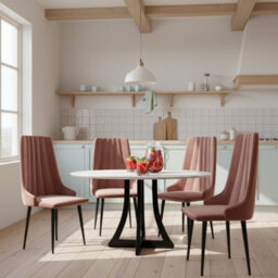 Dining Table Set 4 Chairs 100Cm Fixed Top Wooden Legs White Black Pink - thumbnail 2