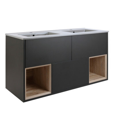 Homestylestore Black Grey 1212mm Wall Hung Bathroom Vanity Unit Open Shelf And Pebble Basin - image 1