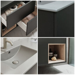 Homestylestore Black Grey 1212mm Wall Hung Bathroom Vanity Unit Open Shelf And Pebble Basin - thumbnail 2
