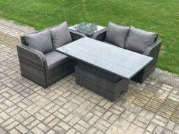 Fimous Outdoor Rattan Furniture Garden Dining Set Height Adjustable Rising Lifting Table Love Sofa Set Dark Grey Mixed - thumbnail 2