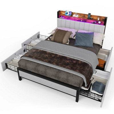 Double Size Bed Frame Metal Bed Platform Led Lights Headboard & 4 Storage Drawer - image 1