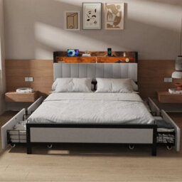Double Size Bed Frame Metal Bed Platform Led Lights Headboard & 4 Storage Drawer - thumbnail 3