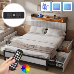 Double Size Bed Frame Metal Bed Platform Led Lights Headboard & 4 Storage Drawer - thumbnail 4