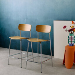 Sweeek - Set Of 2 Vintage Plywood Bar Stools With Ash Effect Wood Veneer And Chrome Metal Legs L 42.5 X D 50 X H 94Cm - Toby - thumbnail 5
