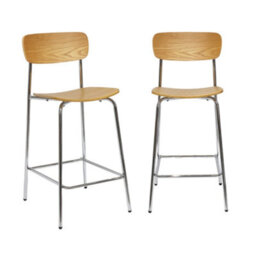 Sweeek - Set Of 2 Vintage Plywood Bar Stools With Ash Effect Wood Veneer And Chrome Metal Legs L 42.5 X D 50 X H 94Cm - Toby - thumbnail 3