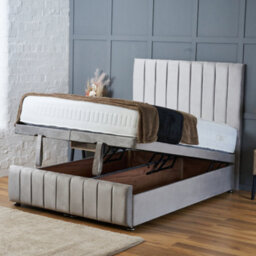 Bsspoke Ottoman Divan End Lift Up Storage Bed Silver Plush With Mattress& 54Inch Panel Headboard& Footboard Double King All Sizes