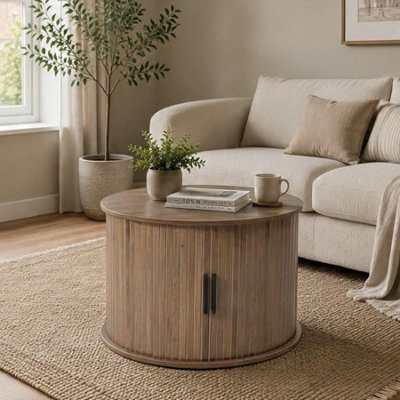 Home Source Grova Wooden Coffee Table Tambour Doors With Hidden Storage Modern - Walnut - image 1