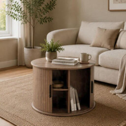 Home Source Grova Wooden Coffee Table Tambour Doors With Hidden Storage Modern - Walnut - thumbnail 2
