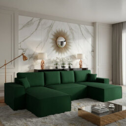 Malaga U Mdf Corner Sofa Bed With Dl Pull Out Seat Storage For Living Room Freestanding Back 370X181X94Cm Green Corduroy