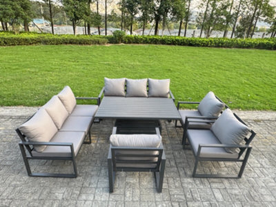 Fimous 6 Piece Garden Furniture Set 9-Seater Aluminium With Adjustable Rising Lifting Dining Table & Cushions 3 Chairs Dark Grey - image 1