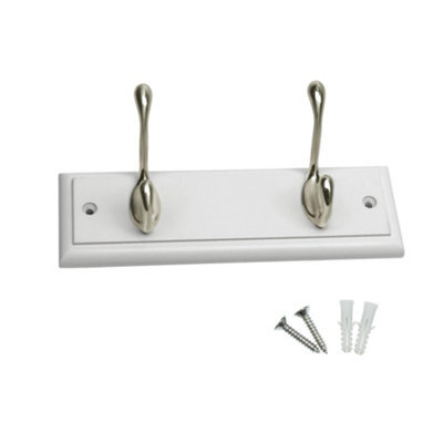 Keypak 2-Hook Door Wall Mounted Coat Rack, 22.5Cm - White Wooden Board, Satin Nickel Coat Hooks - Fixings Included - image 1