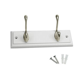 Keypak 2-Hook Door Wall Mounted Coat Rack, 22.5Cm - White Wooden Board, Satin Nickel Coat Hooks - Fixings Included