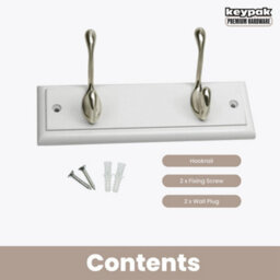 Keypak 2-Hook Door Wall Mounted Coat Rack, 22.5Cm - White Wooden Board, Satin Nickel Coat Hooks - Fixings Included - thumbnail 4