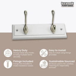 Keypak 2-Hook Door Wall Mounted Coat Rack, 22.5Cm - White Wooden Board, Satin Nickel Coat Hooks - Fixings Included - thumbnail 2