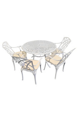 Sh&g Chirk 4 Seat Dining Table Set - 5 Piece Round Table & Chairs - White Aluminium With Cream Cushions - Indoor & Outdoor