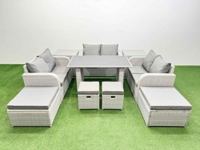 Fimous 10 Seater Patio Garden Furniture Sets With Black Glass Top Dining Table Love Sofa 4 Stools Light Grey - image 1
