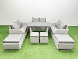 Fimous 10 Seater Patio Garden Furniture Sets With Black Glass Top Dining Table Love Sofa 4 Stools Light Grey - thumbnail 2