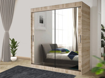 RAC3 Sliding Wardrobe With Mirror Space Saving Bedroom Wardrobe, Contemporary Bedroom Sliding Wardrobe & Mirror Wardrobe(Oak, 203Cm) - image 1