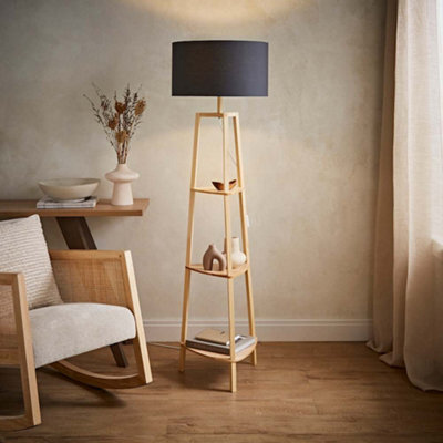 Valuelights Hiru Natural 3 Tier Shelf Floor Lamp With Charcoal Drum Shade - image 1