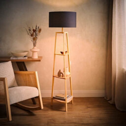Valuelights Hiru Natural 3 Tier Shelf Floor Lamp With Charcoal Drum Shade - thumbnail 2