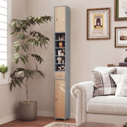 Costway 180 Cm Bathroom Tall Slim Cabinet Freestanding Storage Cabinet W/ Drawer-Grey & Natural - thumbnail 8