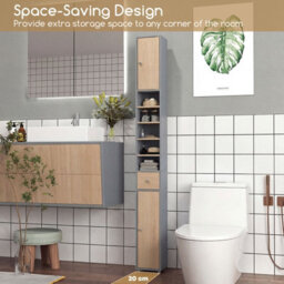 Costway 180 Cm Bathroom Tall Slim Cabinet Freestanding Storage Cabinet W/ Drawer-Grey & Natural - thumbnail 9