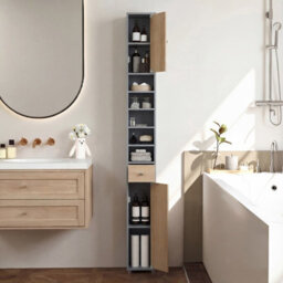 Costway 180 Cm Bathroom Tall Slim Cabinet Freestanding Storage Cabinet W/ Drawer-Grey & Natural