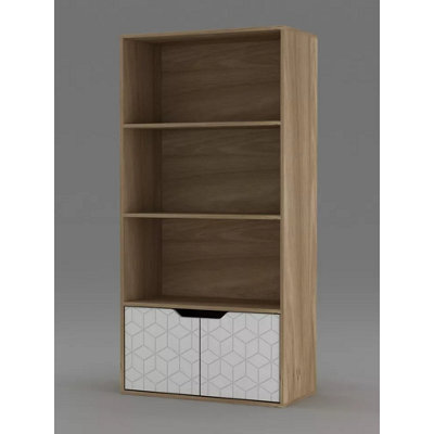 Urbn-Living Urbnliving 4 Tier Oak Wooden Bookcase Cupboard With White Geo Doors Storage Shelving Display Cabinet - image 1