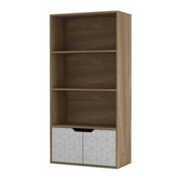Urbn-Living Urbnliving 4 Tier Oak Wooden Bookcase Cupboard With White Geo Doors Storage Shelving Display Cabinet - thumbnail 2