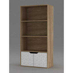 Urbn-Living Urbnliving 4 Tier Oak Wooden Bookcase Cupboard With White Geo Doors Storage Shelving Display Cabinet
